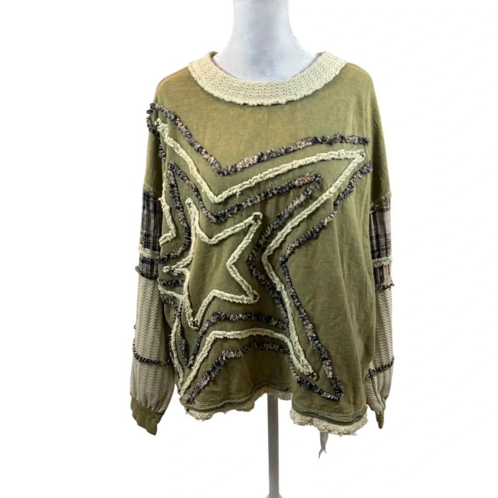 Ladies Oli & Hali Washed Star Patchwork Top Green‎ and Beige Size Small - Picture 5 of 12